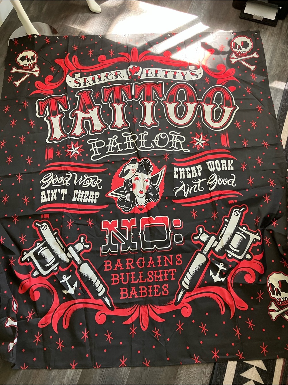 Sourpuss Black and Red Tattoo Parlor Shower Curtain